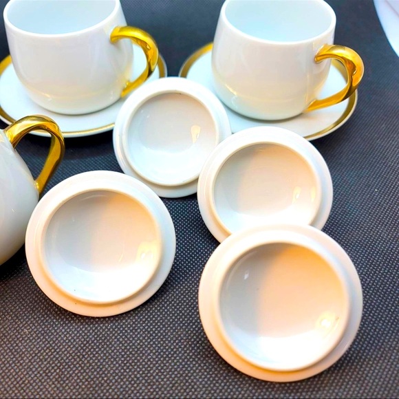 FITZ FLOYD 4 White Gold Espresso Demitasse Custard Desert Cups Lids Saucers RARE - Picture 6 of 8